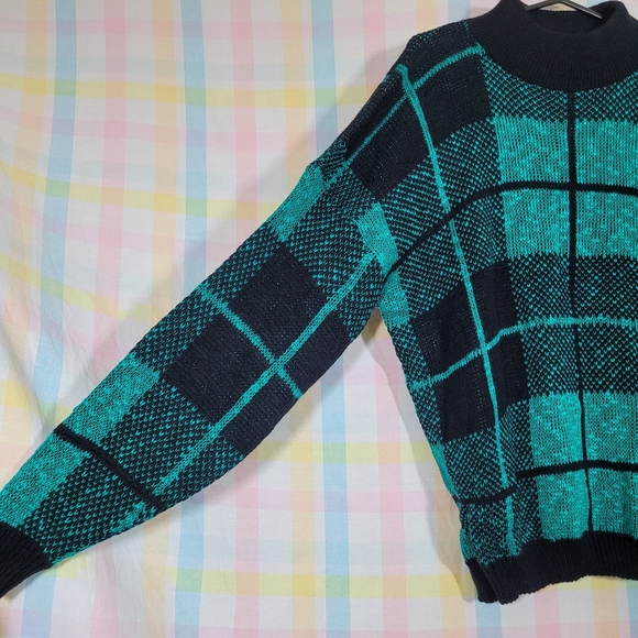 Vintage chunky knit grandpa sweater bright green black plaid checkered jumper - Picture 2 of 6